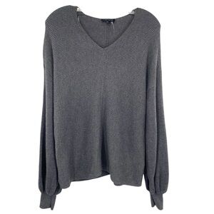 1. State Gray Rib Knit Bubble Sleeve V-Neck Sweater